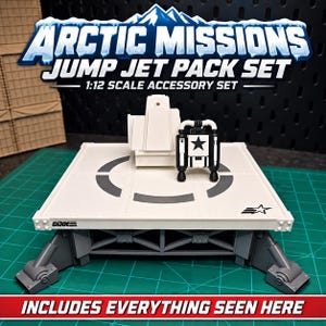 May include: A 1:12 scale Arctic Missions Jump Jet Pack Set featuring a white platform with a gray circular landing pad, a white seat, and a black and white jet pack with a star emblem. The platform displays the GI JOE logo and a star graphic.