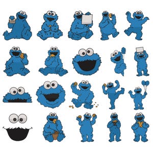 Könnte beinhalten: Eine Sammlung von Cartoon-Illustrationen des Krümelmonsters in verschiedenen Posen. Die blaue Figur ist mit Keksen, Schildern und Luftballons dargestellt. Einige Bilder zeigen nur die Augen und den Mund.