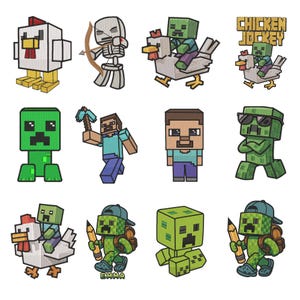 Op de afbeelding: Een verzameling van twaalf geborduurde patches met blokkerige, gepixelde personages, waaronder een kip, een skelet met een boog, een zombie op een kip, een groene creeper, een figuur met een houweel en een creeper met een zonnebril.