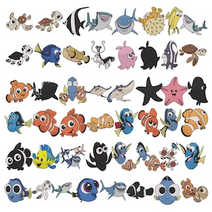 Può includere: Una collezione di creature marine dei cartoni animati, tra cui pesci, tartarughe e una stella marina. Le illustrazioni presentano una varietà di colori e design, con alcuni personaggi che hanno espressioni facciali distinte. L'immagine è probabilmente destinata ai bambini.