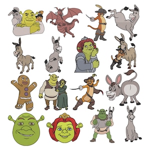 Op de afbeelding: Een verzameling geborduurde patches met personages uit de animatiefilm "Shrek". De patches bevatten Shrek, Fiona, Ezel, Gelaarsde Kat en de Peperkoekman, onder andere. De patches zijn in verschillende poses en uitdrukkingen.