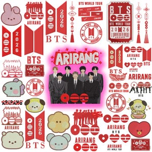 May include: A collection of red and white embroidered patches and stickers featuring the text "BTS", "ARIRANG", and "BTS WORLD TOUR". The image includes various shapes, including hearts, circles, and character designs.
