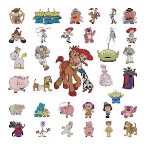 May include: A collection of colourful embroidered patches featuring various animated characters from the Toy Story franchise, including Woody, Buzz Lightyear, Jessie, Bullseye, the green aliens, Mr. Potato Head, Lotso, and other iconic figures.