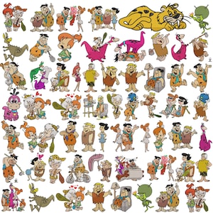 May include: A collection of colorful cartoon illustrations featuring characters from The Flintstones, including Fred, Wilma, Pebbles, Bam-Bam, Barney, and Betty in various poses, activities, and interactions, set against a plain white background.