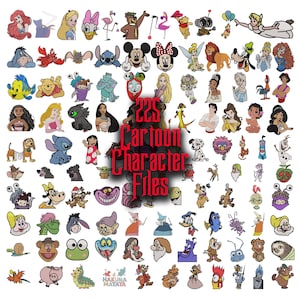 Könnte beinhalten: Eine Sammlung von 225 Cartoon-Charakter-Dateien mit verschiedenen animierten Charakteren. Das Bild enthält Charaktere wie Micky Maus, Winnie Puuh und Disney-Prinzessinnen. Der Text "225 Cartoon Character Files" ist in der Mitte zu sehen.