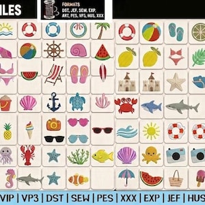 Op de afbeelding: Een digitale collectie van 90 zomerse borduurontwerpen gerangschikt in een raster. De iconen bevatten strand-, oceaan- en vakantiemotieven, waaronder parasols, zonnen, schelpen, fruit, zeedieren, camera's en zonnebrillen in diverse kleuren.