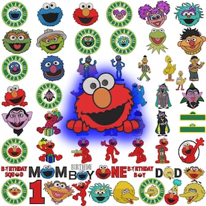 Könnte beinhalten: Eine Sammlung farbenfroher Sesame Street-Charakteraufnäher und gestickter Designs. Enthält Elmo, Krümelmonster, Big Bird und andere beliebte Charaktere. Enthält auch die Wörter "Birthday Boy" und "Mom".