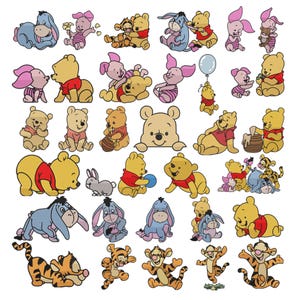 May include: A collection of digital illustrations featuring Winnie the Pooh, Piglet, Tigger, Eeyore, and Rabbit in various poses. The characters are depicted in their classic yellow, pink, orange, and blue colours with black outlines on a white background.