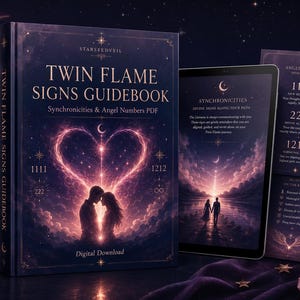 May include: A digital download product featuring a guidebook titled "Twin Flame Signs Guidebook" with a heart-shaped design and the text "Synchronicities & Angel Numbers PDF." Also includes a tablet and cards with related content, all in a celestial theme.