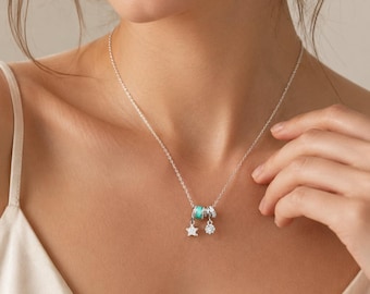 Minimalistische zilveren ketting, sterbedelhanger, groene accentkralenketting, dagelijks sieradencadeau