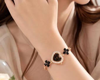 Gouden hartarmbandhorloge met klaver, vintage strass kristallen horloge, elegant romantisch cocktailhorloge, luxe cadeau voor haar
