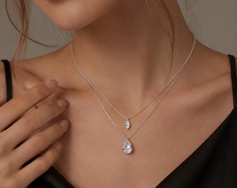 Zilveren gelaagde druppelketting, sierlijke kristallen waterdruppelhanger, minimalistische dubbele ketting gelaagdheid choker, bruidshuwelijkscadeau voor haar