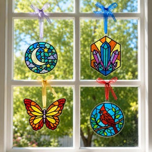 DIY-raamdecoratieset, glas-in-loodstijl, knutselen zonder rommel, reisactiviteit voor kinderen, schilderen met stickers, stickers op nummer, ontspannende knutselactiviteit voor volwassenen