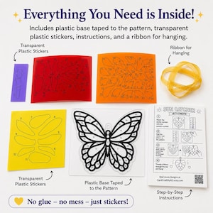 The contents of the Monarch Butterfly kit laid out on a table - plastic base, pattern, instructions, ribbon, and transparent stickers