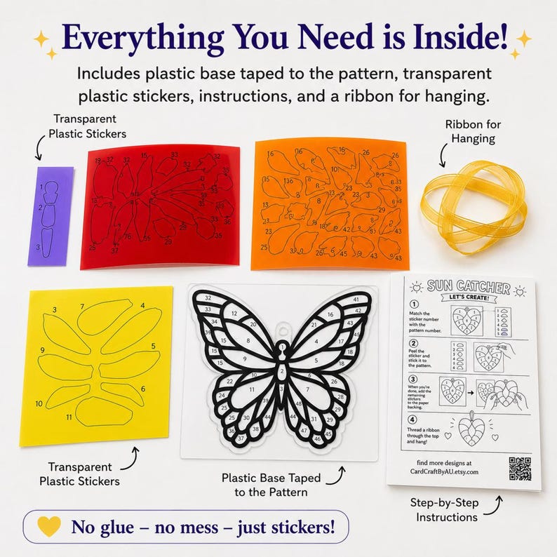 The contents of the Monarch Butterfly kit laid out on a table - plastic base, pattern, instructions, ribbon, and transparent stickers