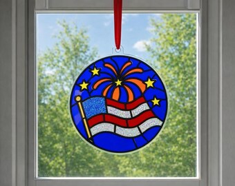 Gör-det-själv patriotiskt solfångarkit | 4 juli, Memorial Day-pyssel | Present att posta till barn och vuxna | Solfångare i målat glas-stil