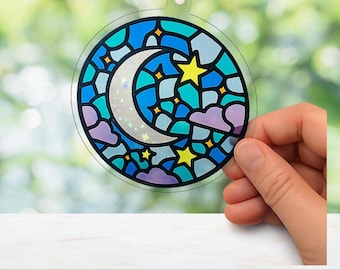 Diy Suncatcher Moon And Stars Kit, Faux Stained Glass, Mailable Craft Kit, Screen Free Craft, Astronomy Gift Activity | Kids & Adults