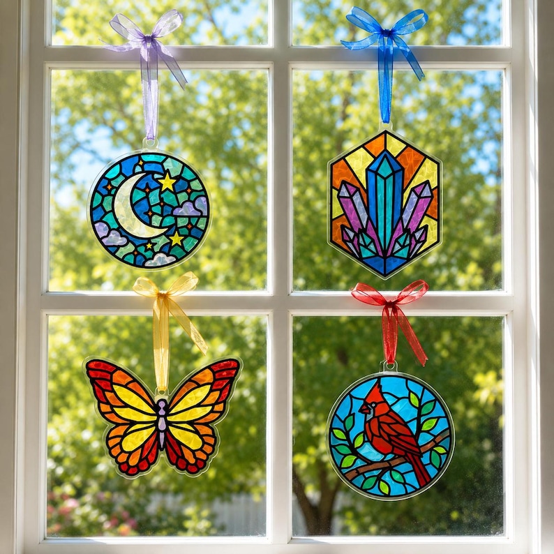 Butterfly, moon and stars, crystal, and cardinal suncatchers hanging in a window.