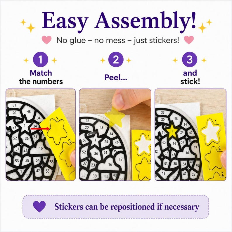 Easy to assemble - match the sticker and pattern numbers, peel, and stick!