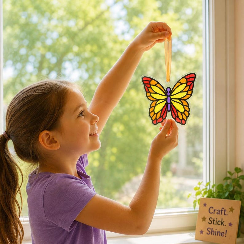 A child holding up the Monarch Butterfly suncatcher in front of at of a window.