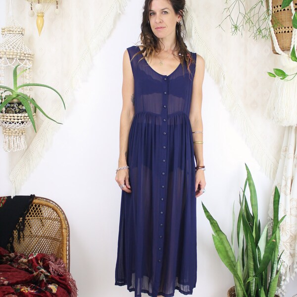 Minimalist chiffon midi dress, Vintage navy semi-sheer dress, Small Medium 4020