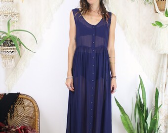 Minimalist chiffon midi dress, Vintage navy semi-sheer dress, Small Medium 4020