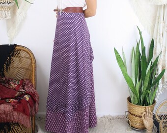 70s bohemian maxi skirt, Vintage Lucie Linden apron skirt, 70s calico purple floral cotton skirt, Small 4144