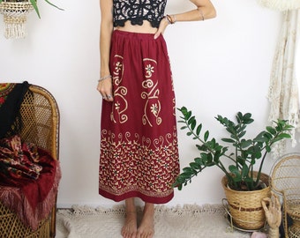 Vintage Gypsy Skirt, Mirror embroidered bohemian midi skirt, Small Medium 3128