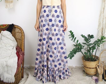 70s Patchwork Maxi Skirt, Navy floral gingham polka dot Boho skirt, FOB/LA, XS 4124