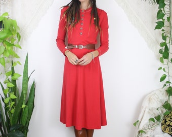 Vintage Jersey Dress, Long sleeve Red Midi Dress, XS Small Medium 4341