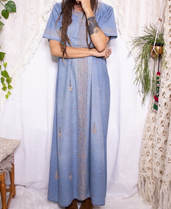 Embroidered denim vintage maxi dress, 70s bohemian