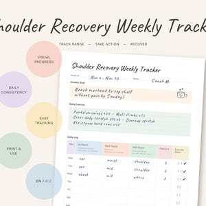 Könnte beinhalten: Ein druckbarer wöchentlicher Schulter-Erholungs-Tracker mit dem Titel "Shoulder Recovery Weekly Tracker". Das Dokument enthält Abschnitte für wöchentliche Ziele, tägliche Übungen und ein tägliches Protokoll zur Fortschrittsverfolgung.