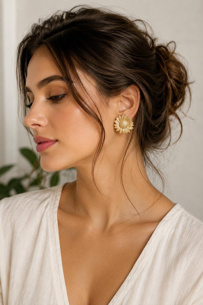 May include: Gold-coloured sunflower stud earrings. The earrings feature textured petals and a textured centre, resembling a real sunflower. The earrings are worn on the ear of a person with dark hair and a white top.