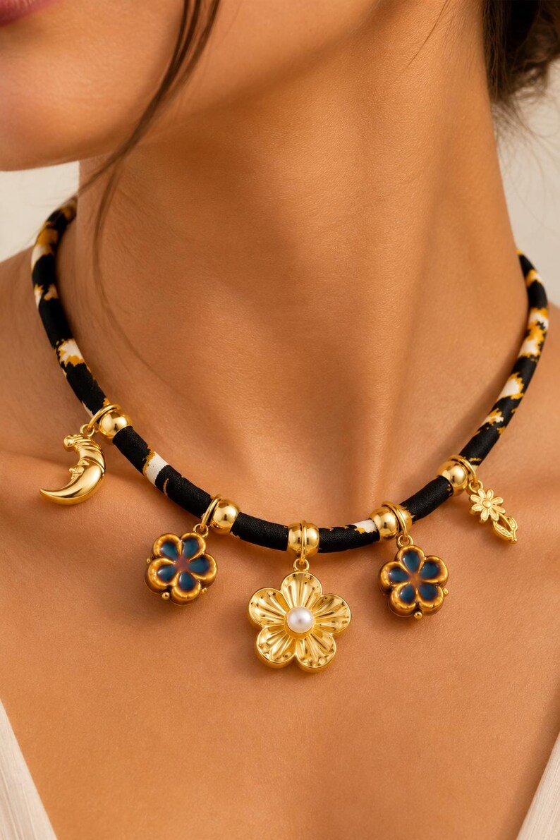 Gold-Tone Moon and Flower Charm Necklace on a Leopard-Print Cord image 4