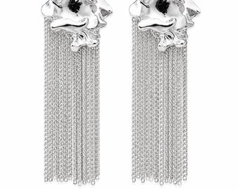 Silver-Tone Chain Tassel Earrings, Long Floral Dangle Design