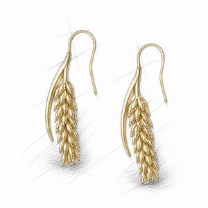 May include: A pair of gold-colored earrings. Each earring features a long, slender design with a curved hook and a detailed, wheat-like cluster of small, textured elements. The earrings are set against a white background with pencil sketch lines.
