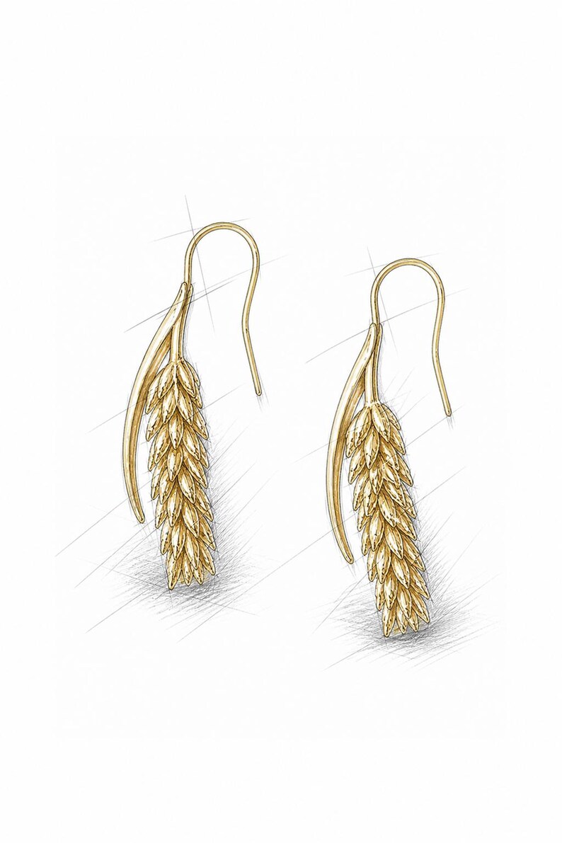 May include: A pair of gold-colored earrings. Each earring features a long, slender design with a curved hook and a detailed, wheat-like cluster of small, textured elements. The earrings are set against a white background with pencil sketch lines.