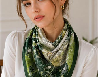 Green Floral Satin Scarf, Botanical Neck and Hair Accessory