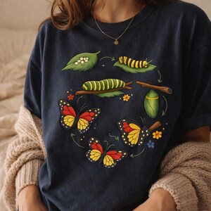 Może przedstawiać: Ciemnogranatowy t-shirt z kolistą grafiką przedstawiającą cykl życia motyla. Wzór ukazuje białe jaja na liściu, żółto-czarną pasiastą gąsienicę, zieloną poczwarkę oraz dwa żywe, czerwono-żółto-czarne motyle.