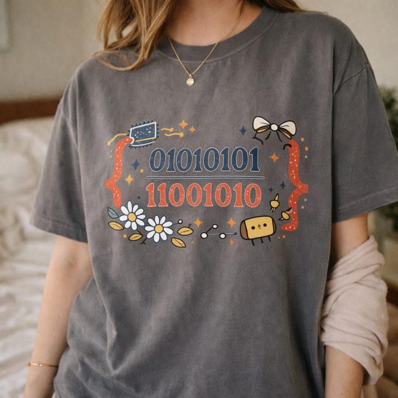 Cute Binary Code Shirt | Whimsical Programmer Aesthetic | Geeky Gift for Coders | Floral Tech Unisex Graphic Tee image 1
