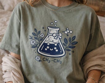 Kawaii Chemistry Flask Shirt | Cute Science Floral Tee | Gift for Chemistry Student | Aesthetic Unisex Garment-Dyed T-Shirt