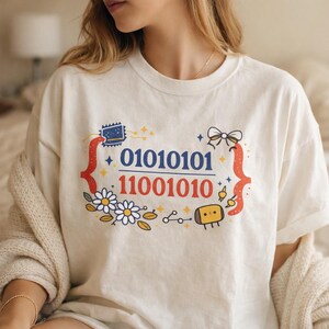 Cute Binary Code Shirt | Whimsical Programmer Aesthetic | Geeky Gift for Coders | Floral Tech Unisex Graphic Tee image 3