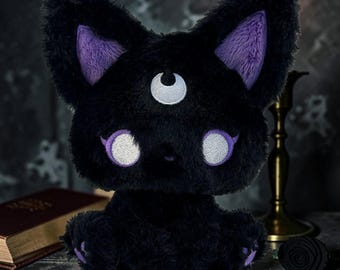 Black Moon Cat Plush Gothic Stuffed Animal Creepy Cute Lunar Kitty Handmade Plush Gift