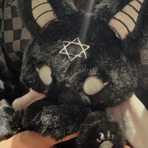 May include: A black plush bunny with white accents, including horns, eyes, and paws. A silver star is attached to the bunny's chest. The bunny is a unique, handmade item.