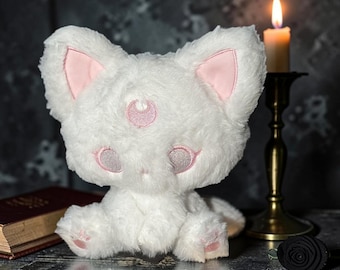White Moon Cat Plush Gothic Stuffed Animal Creepy Cute Lunar Kitty Handmade Plush Gift