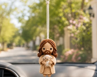 Jesus Crochet Keychain, Jesus Car Charm, Christian Gift for Her, Handmade Crochet Ornament, Religious Rearview Mirror Decor, Catholic gifts