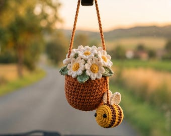 Bee Flower Crochet Car Charm, Daisy Car Hanging Ornament, Cute Bee Car Accessory, Handmade Crochet Gift for Her, Kawaii Decor
