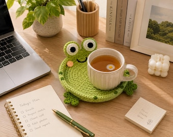 Crochet Frog Coaster Bowl, Frog Mug Rug, Cute Frog Cup Holder, Handmade Desk Decor, Frog Lover Gift, Kawaii Coffee Coaster