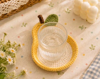 Pear Crochet Coaster, Fruit Mug Rug, Cute Kitchen Decor, Handmade Drink Coaster, Aesthetic Desk Accessory Gift