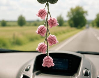 Crochet Lily of the Valley Car Charm, Floral Car Hanging Ornament, Cottagecore Car Decor, Handmade Gift for Her, Cute Mirror Charm